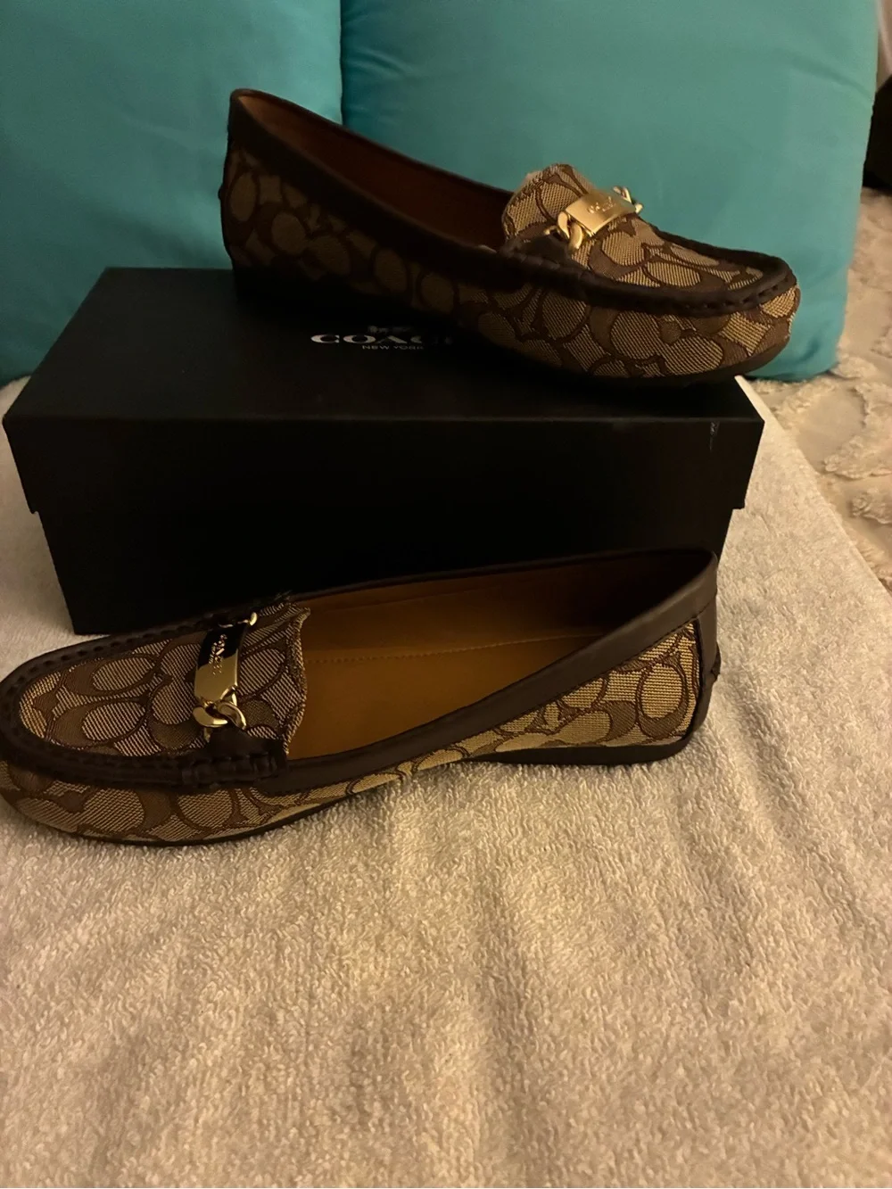 NIB Coach Brown Signature Canvas Loafers with Gold Accent slip-on, original box